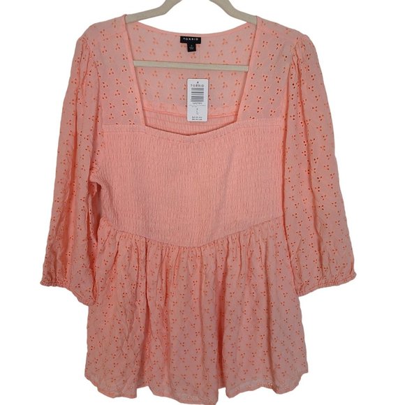 Torrid Womens 0X Peach 3/4 Sleeves Voile Eyelet Smocked Babydoll Blouse Top NWT - Picture 2 of 11